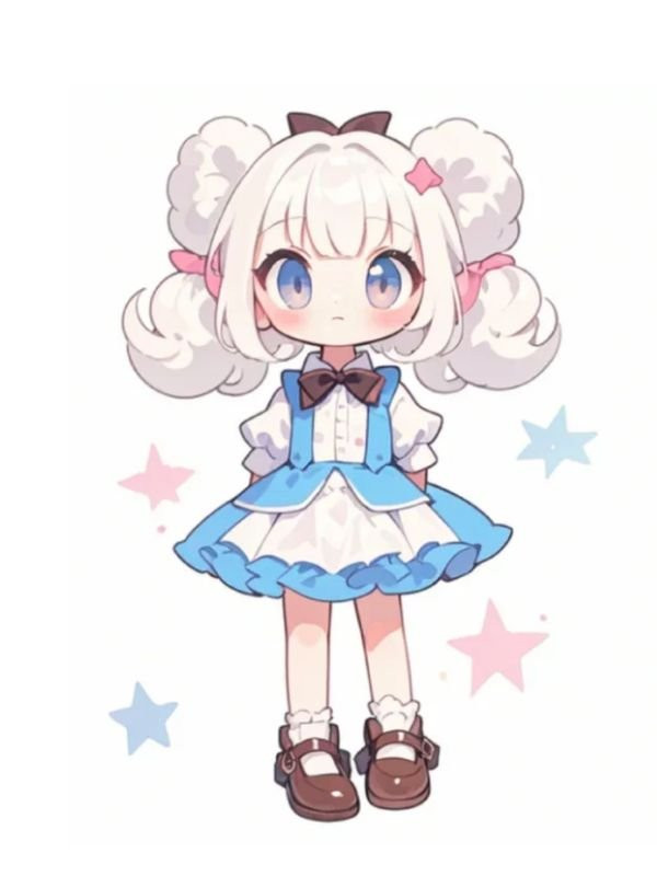 Chibi nữ tóc hồng với biểu cảm đáng yêu, ôm một trái tim